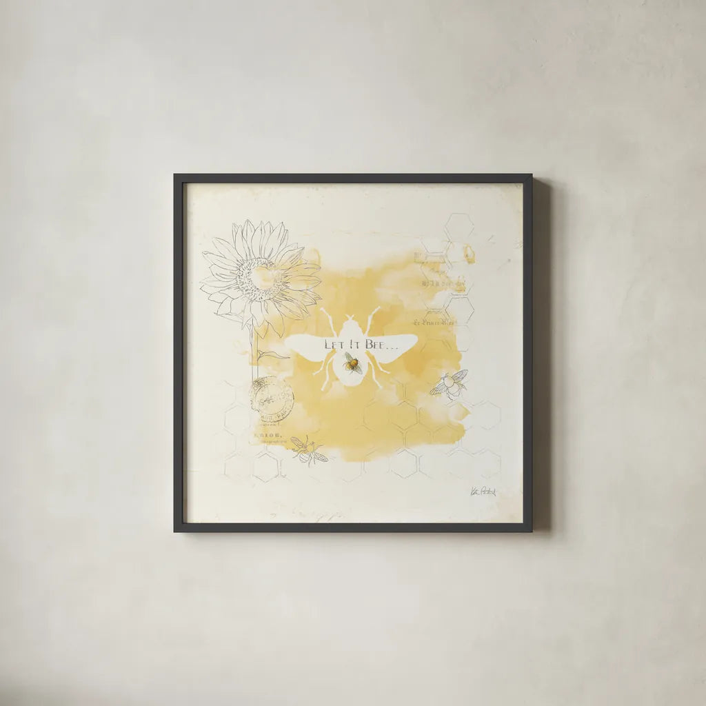 Bee and Bee VII Honeycomb by Katie Pertiet. Shown in a sleek black glass frame for a contemporary gallery look. Available as an archival giclee rolled canvas, fine art paper, or poster print. SKU 71481a.