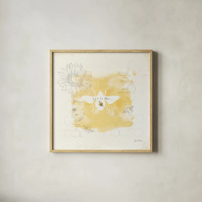 Bee and Bee VII Honeycomb by Katie Pertiet. Shown in a natural wood glass frame for a timeless modern aesthetic. Available as an archival giclee rolled canvas, fine art paper, or poster print. SKU 71481a.
