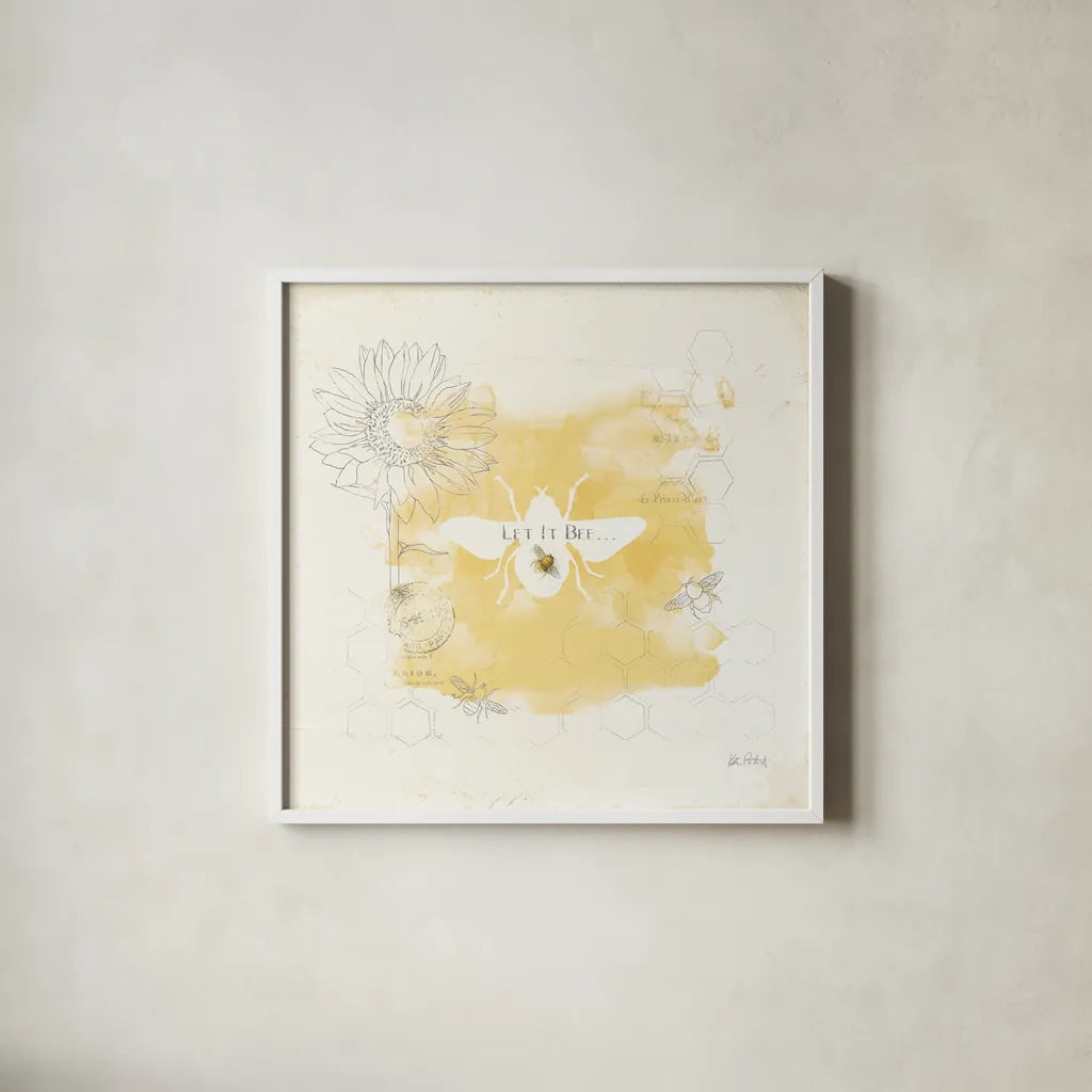 Bee and Bee VII Honeycomb by Katie Pertiet. Shown in a crisp white glass frame for a clean and minimalist style. Available as an archival giclee rolled canvas, fine art paper, or poster print. SKU 71481a.