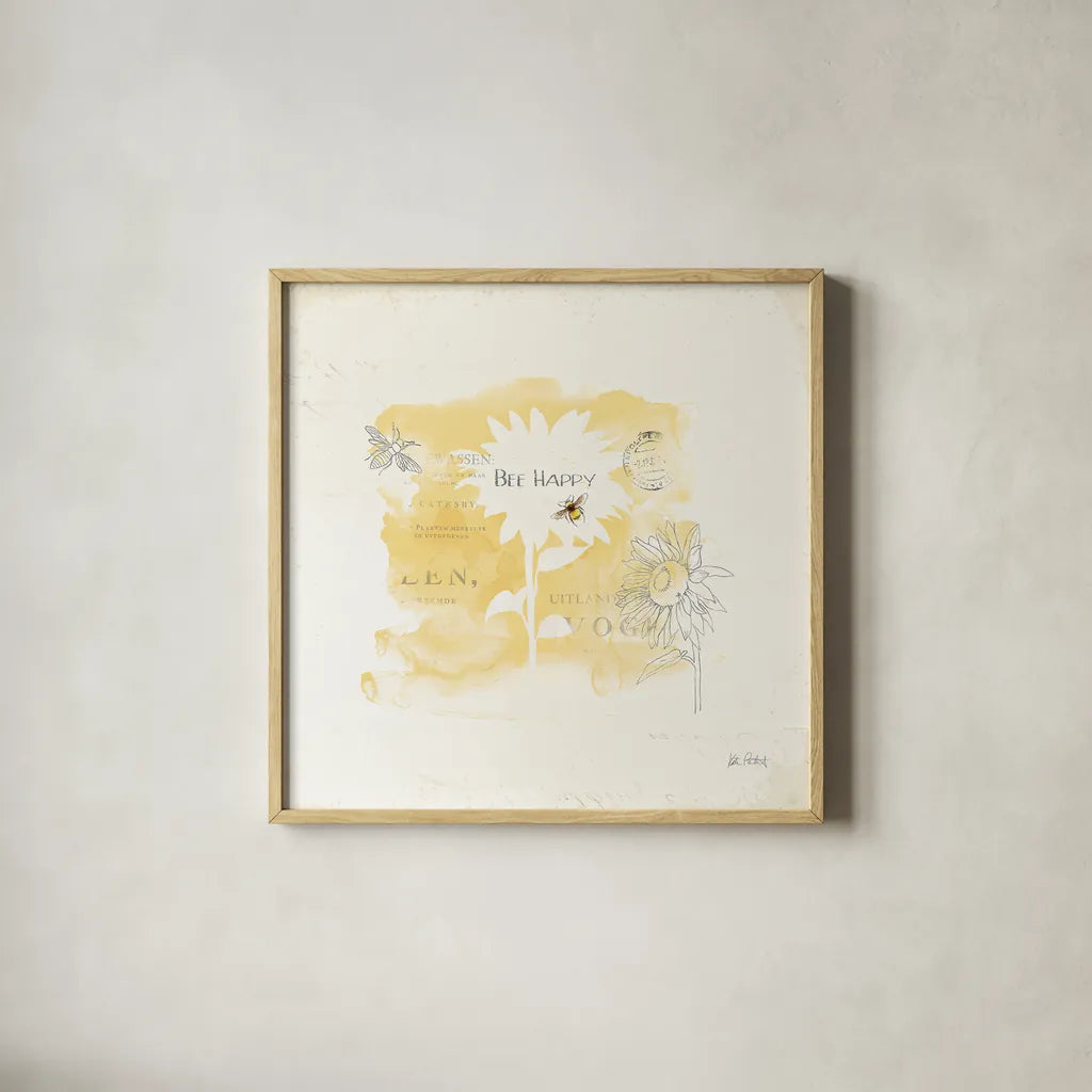 Bee and Bee VIII by Katie Pertiet. Shown in a natural wood glass frame for a timeless modern aesthetic. Available as an archival giclee rolled canvas, fine art paper, or poster print. SKU 27330a.