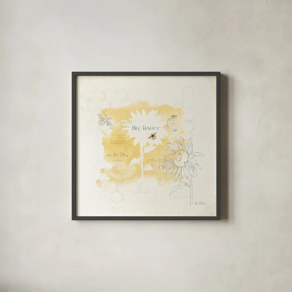 Bee and Bee VIII Honeycomb by Katie Pertiet. Shown in a sleek black glass frame for a contemporary gallery look. Available as an archival giclee rolled canvas, fine art paper, or poster print. SKU 71482a.