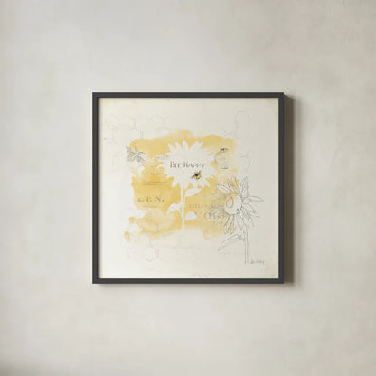 Bee and Bee VIII Honeycomb by Katie Pertiet. Shown in a sleek black glass frame for a contemporary gallery look. Available as an archival giclee rolled canvas, fine art paper, or poster print. SKU 71482a.
