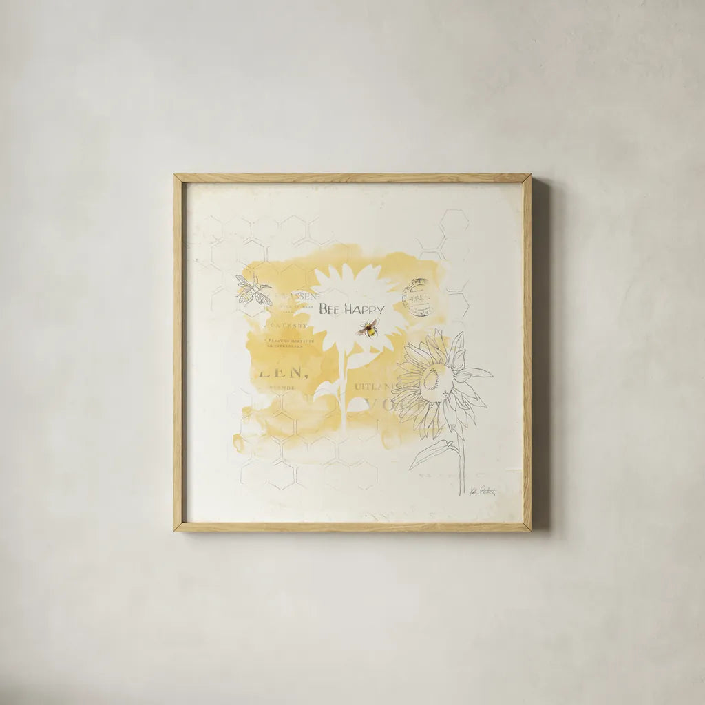 Bee and Bee VIII Honeycomb by Katie Pertiet. Shown in a natural wood glass frame for a timeless modern aesthetic. Available as an archival giclee rolled canvas, fine art paper, or poster print. SKU 71482a.