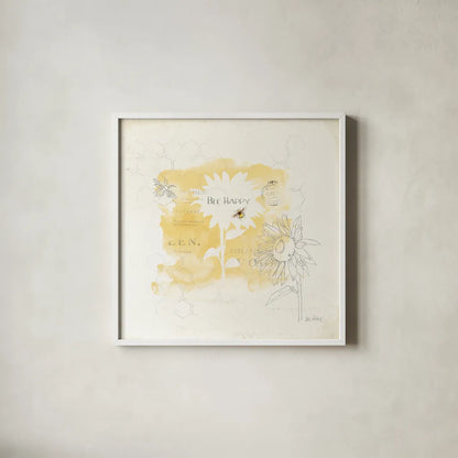Bee and Bee VIII Honeycomb by Katie Pertiet. Shown in a crisp white glass frame for a clean and minimalist style. Available as an archival giclee rolled canvas, fine art paper, or poster print. SKU 71482a.