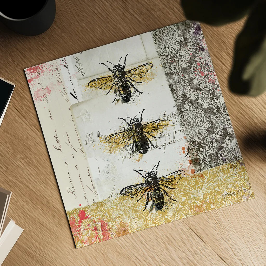 Bees n Butterflies No 1 by Katie Pertiet. Shown as a detailed flat fine art print, highlighting archival giclee quality. Available as an archival giclee rolled canvas, fine art paper, or poster print. SKU 52909a.