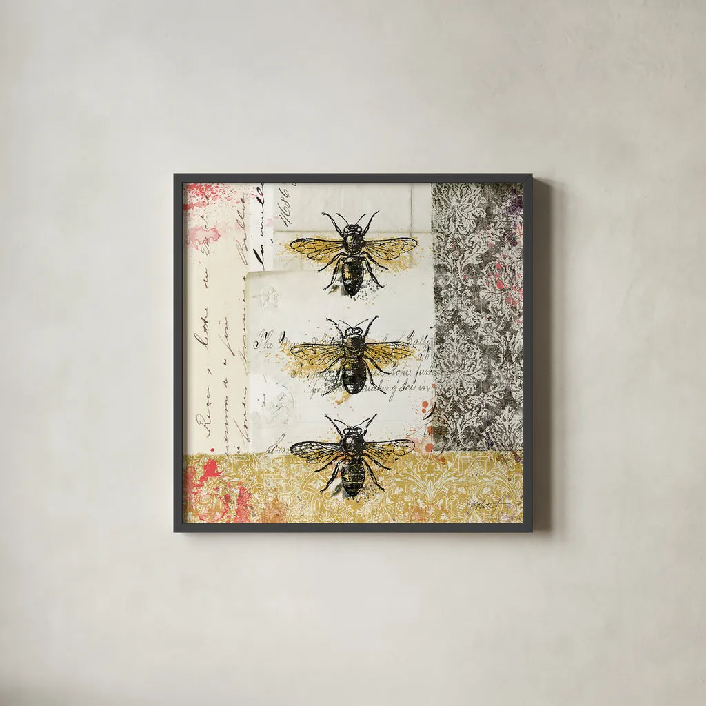 Bees n Butterflies No 1 by Katie Pertiet. Shown in a sleek black glass frame for a contemporary gallery look. Available as an archival giclee rolled canvas, fine art paper, or poster print. SKU 52909a.
