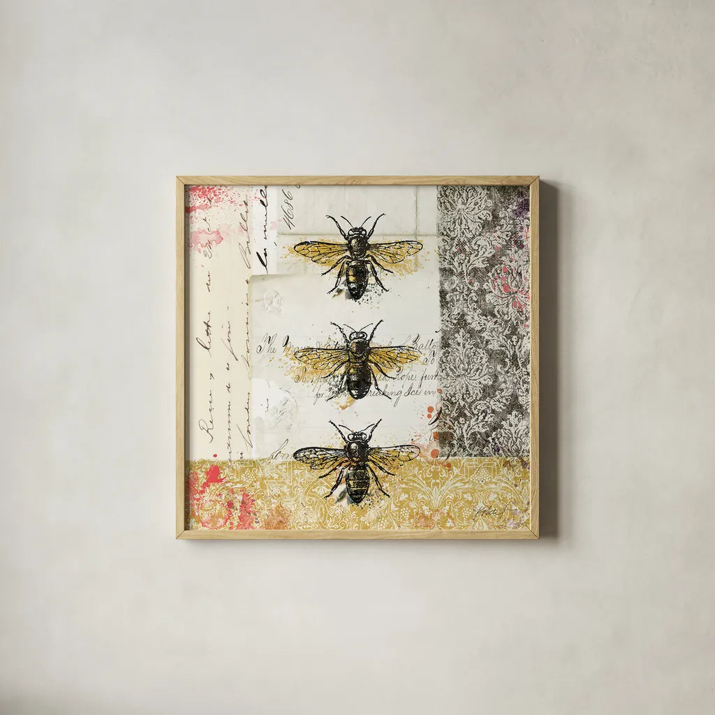 Bees n Butterflies No 1 by Katie Pertiet. Shown in a natural wood glass frame for a timeless modern aesthetic. Available as an archival giclee rolled canvas, fine art paper, or poster print. SKU 52909a.