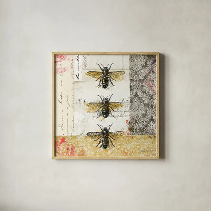 Bees n Butterflies No 1 by Katie Pertiet. Shown in a natural wood glass frame for a timeless modern aesthetic. Available as an archival giclee rolled canvas, fine art paper, or poster print. SKU 52909a.