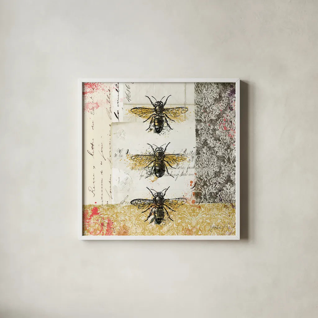 Bees n Butterflies No 1 by Katie Pertiet. Shown in a crisp white glass frame for a clean and minimalist style. Available as an archival giclee rolled canvas, fine art paper, or poster print. SKU 52909a.