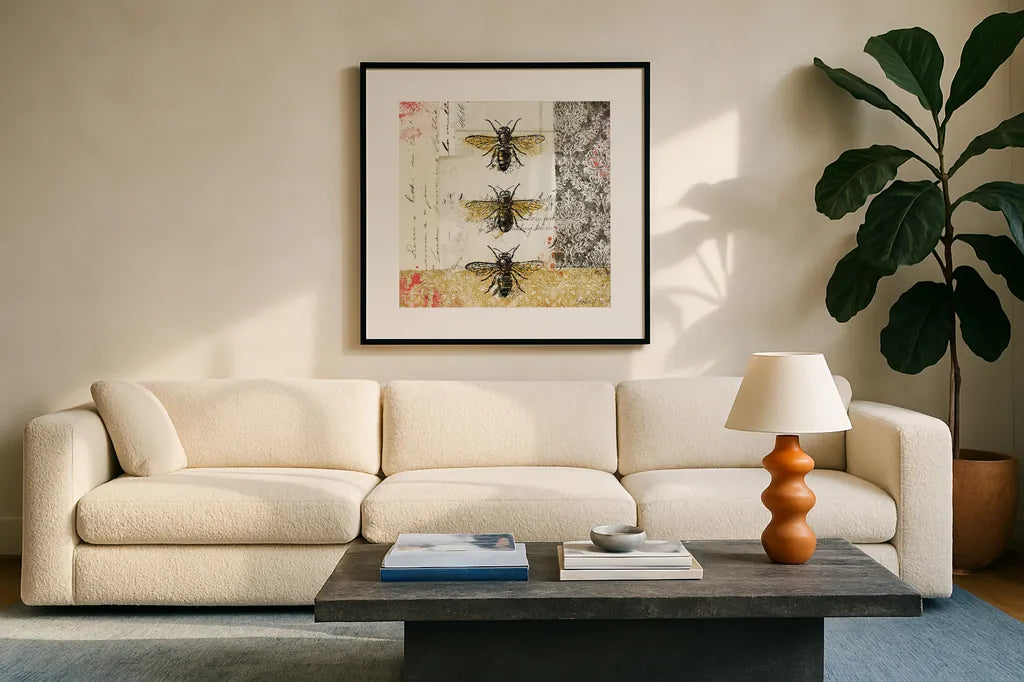 Bees n Butterflies No 1 by Katie Pertiet. Displayed in a glass frame with matte in a clean modern living room. Available as an archival giclee rolled canvas, fine art paper, or poster print. SKU 52909a.