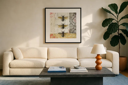 Bees n Butterflies No 1 by Katie Pertiet. Displayed in a glass frame with matte in a clean modern living room. Available as an archival giclee rolled canvas, fine art paper, or poster print. SKU 52909a.