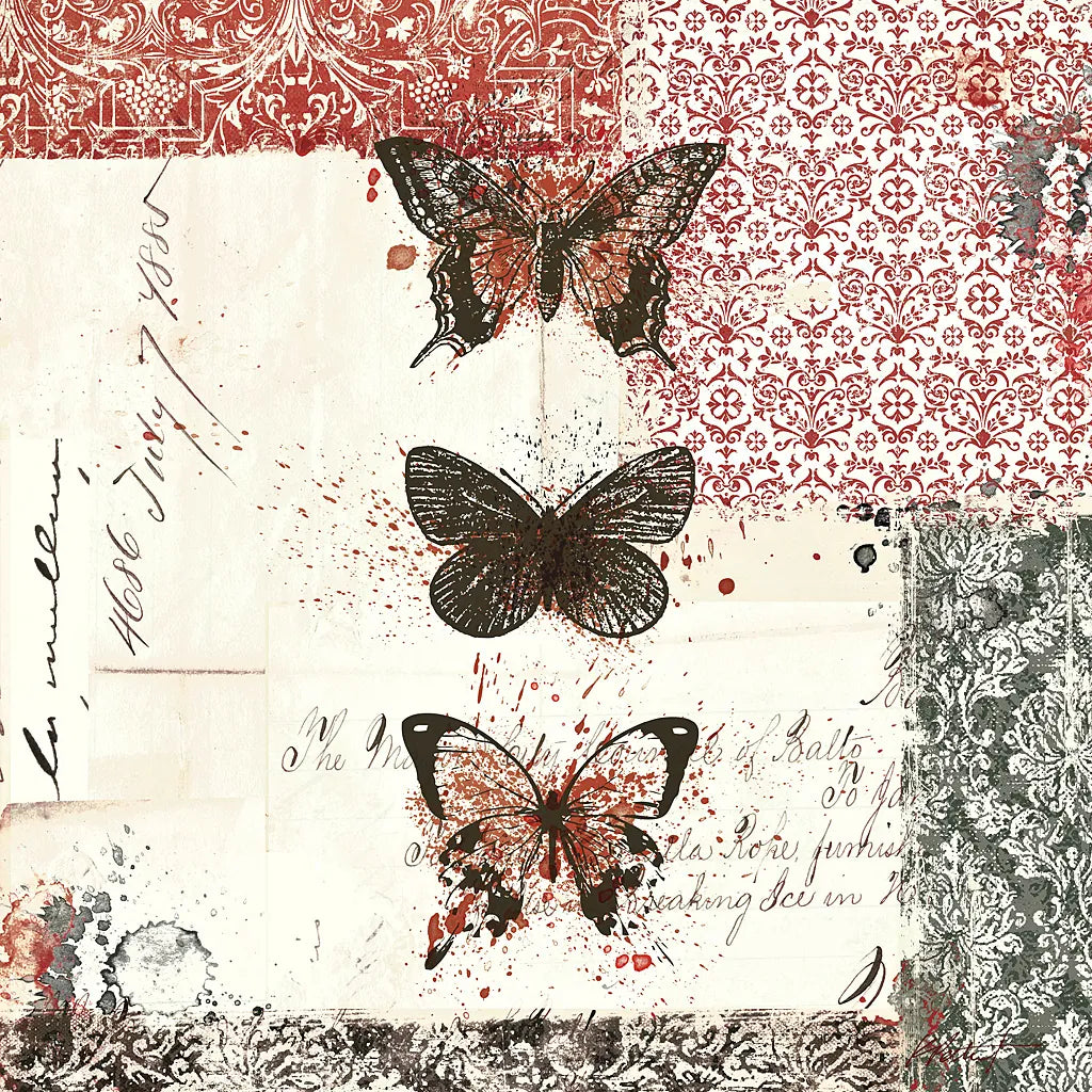 Bees n Butterflies No 2 Red by Katie Pertiet. SKU 52912a. Archival Giclee Fine art print for wall decor.