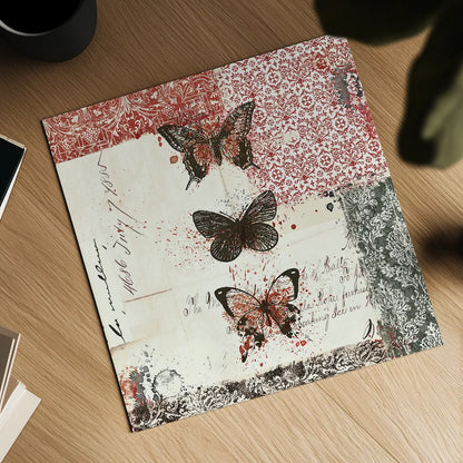 Bees n Butterflies No 2 Red by Katie Pertiet. Shown as a detailed flat fine art print, highlighting archival giclee quality. Available as an archival giclee rolled canvas, fine art paper, or poster print. SKU 52912a.