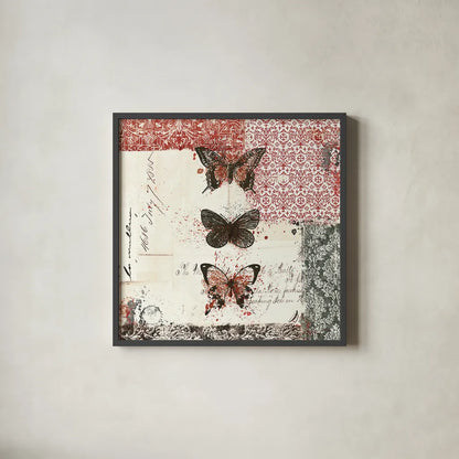Bees n Butterflies No 2 Red by Katie Pertiet. Shown in a sleek black glass frame for a contemporary gallery look. Available as an archival giclee rolled canvas, fine art paper, or poster print. SKU 52912a.