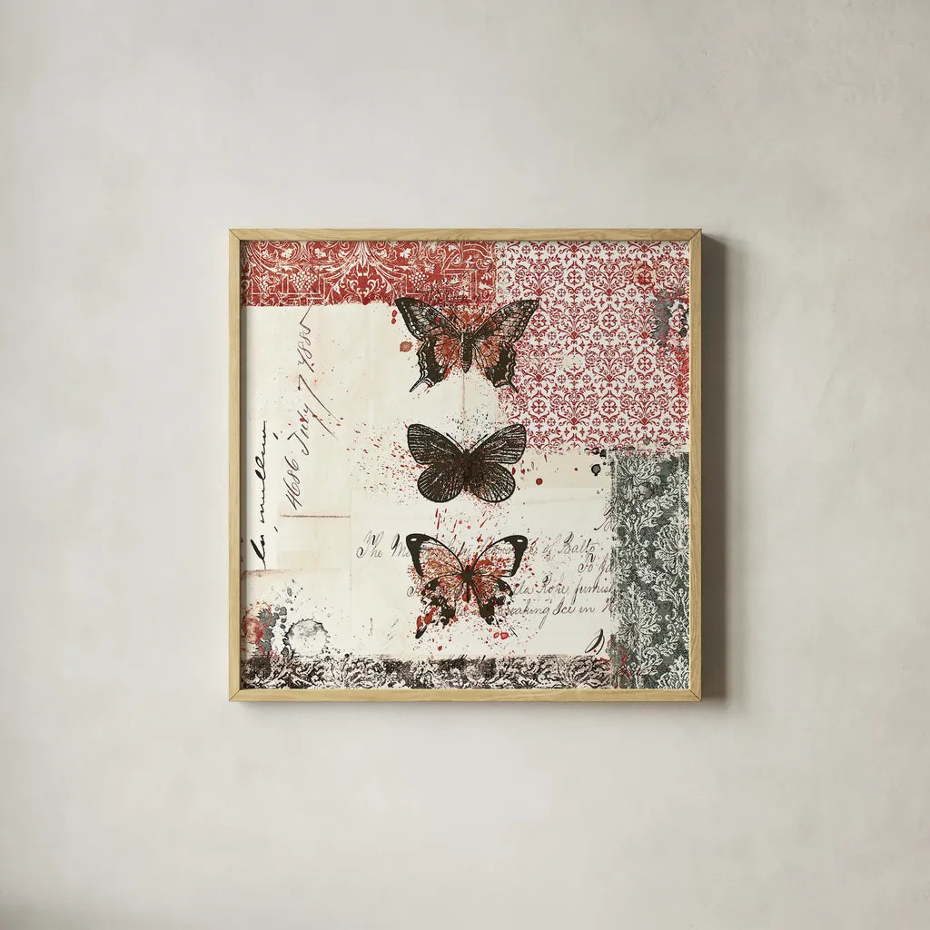 Bees n Butterflies No 2 Red by Katie Pertiet. Shown in a natural wood glass frame for a timeless modern aesthetic. Available as an archival giclee rolled canvas, fine art paper, or poster print. SKU 52912a.