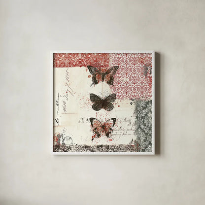 Bees n Butterflies No 2 Red by Katie Pertiet. Shown in a crisp white glass frame for a clean and minimalist style. Available as an archival giclee rolled canvas, fine art paper, or poster print. SKU 52912a.