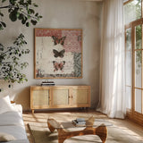 Bees n Butterflies No 2 Red by Katie Pertiet. Shown in a natural wood frame in a cozy modern living room. Available as an archival giclee rolled canvas, fine art paper, or poster print. SKU 52912a.