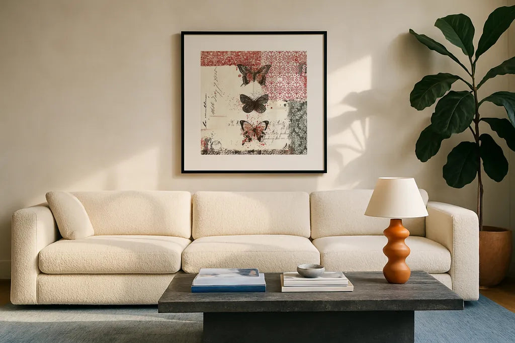 Bees n Butterflies No 2 Red by Katie Pertiet. Displayed in a glass frame with matte in a clean modern living room. Available as an archival giclee rolled canvas, fine art paper, or poster print. SKU 52912a.