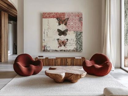 Bees n Butterflies No 2 Red by Katie Pertiet. Shown as extra-large giant wall art in a modern living room. Available as an archival giclee rolled canvas, fine art paper, or poster print. SKU 52912a.