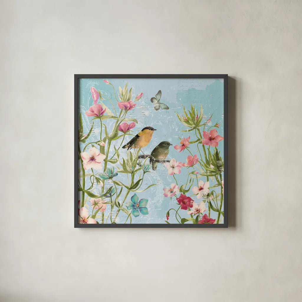 Bird Song I by Katie Pertiet. Shown in a sleek black glass frame for a contemporary gallery look. Available as an archival giclee rolled canvas, fine art paper, or poster print. SKU 102127a.