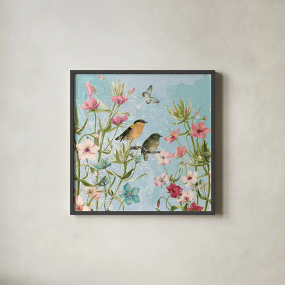 Bird Song I by Katie Pertiet. Shown in a sleek black glass frame for a contemporary gallery look. Available as an archival giclee rolled canvas, fine art paper, or poster print. SKU 102127a.