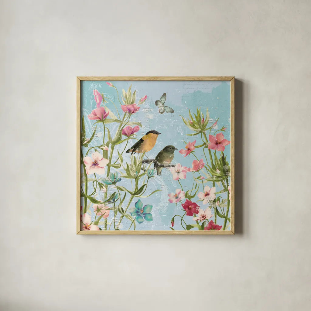 Bird Song I by Katie Pertiet. Shown in a natural wood glass frame for a timeless modern aesthetic. Available as an archival giclee rolled canvas, fine art paper, or poster print. SKU 102127a.