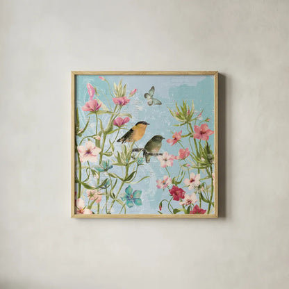 Bird Song I by Katie Pertiet. Shown in a natural wood glass frame for a timeless modern aesthetic. Available as an archival giclee rolled canvas, fine art paper, or poster print. SKU 102127a.