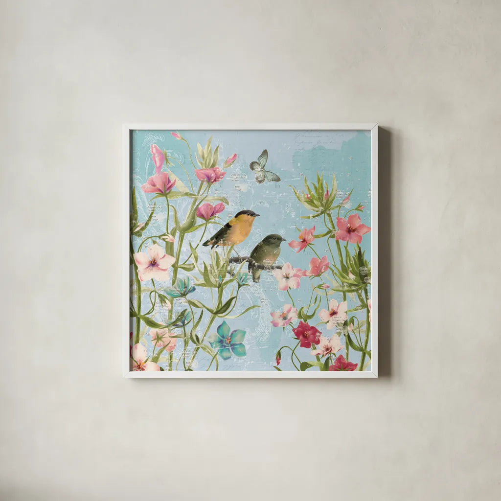 Bird Song I by Katie Pertiet. Shown in a crisp white glass frame for a clean and minimalist style. Available as an archival giclee rolled canvas, fine art paper, or poster print. SKU 102127a.
