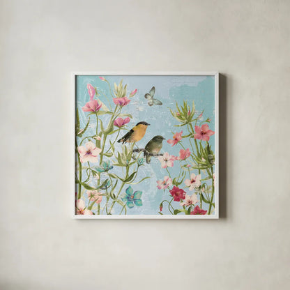 Bird Song I by Katie Pertiet. Shown in a crisp white glass frame for a clean and minimalist style. Available as an archival giclee rolled canvas, fine art paper, or poster print. SKU 102127a.