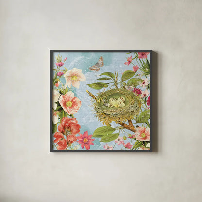 Bird Song II by Katie Pertiet. Shown in a sleek black glass frame for a contemporary gallery look. Available as an archival giclee rolled canvas, fine art paper, or poster print. SKU 102128a.