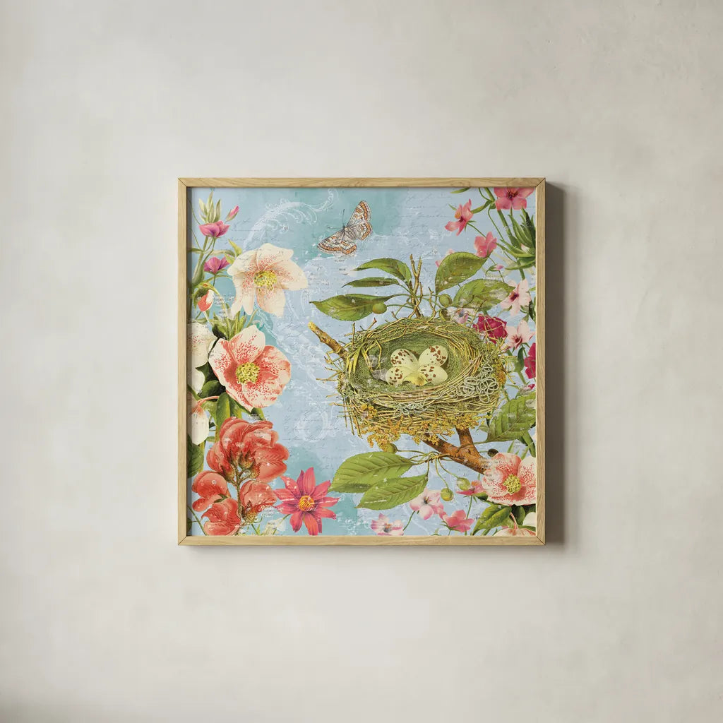 Bird Song II by Katie Pertiet. Shown in a natural wood glass frame for a timeless modern aesthetic. Available as an archival giclee rolled canvas, fine art paper, or poster print. SKU 102128a.
