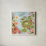 Bird Song II by Katie Pertiet. Shown in a crisp white glass frame for a clean and minimalist style. Available as an archival giclee rolled canvas, fine art paper, or poster print. SKU 102128a.
