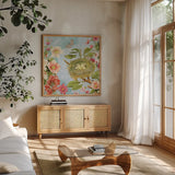 Bird Song II by Katie Pertiet. Shown in a natural wood frame in a cozy modern living room. Available as an archival giclee rolled canvas, fine art paper, or poster print. SKU 102128a.