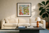 Bird Song II by Katie Pertiet. Displayed in a glass frame with matte in a clean modern living room. Available as an archival giclee rolled canvas, fine art paper, or poster print. SKU 102128a.