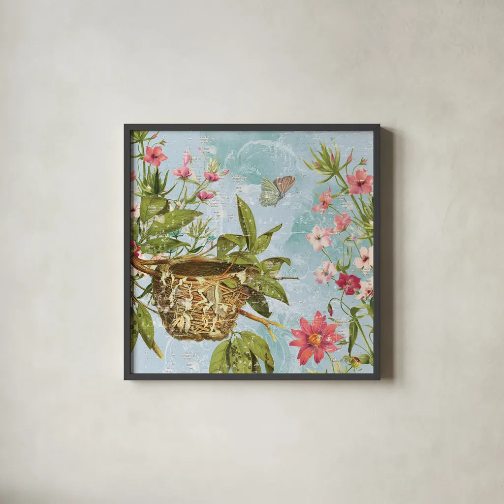 Bird Song III by Katie Pertiet. Shown in a sleek black glass frame for a contemporary gallery look. Available as an archival giclee rolled canvas, fine art paper, or poster print. SKU 102129a.