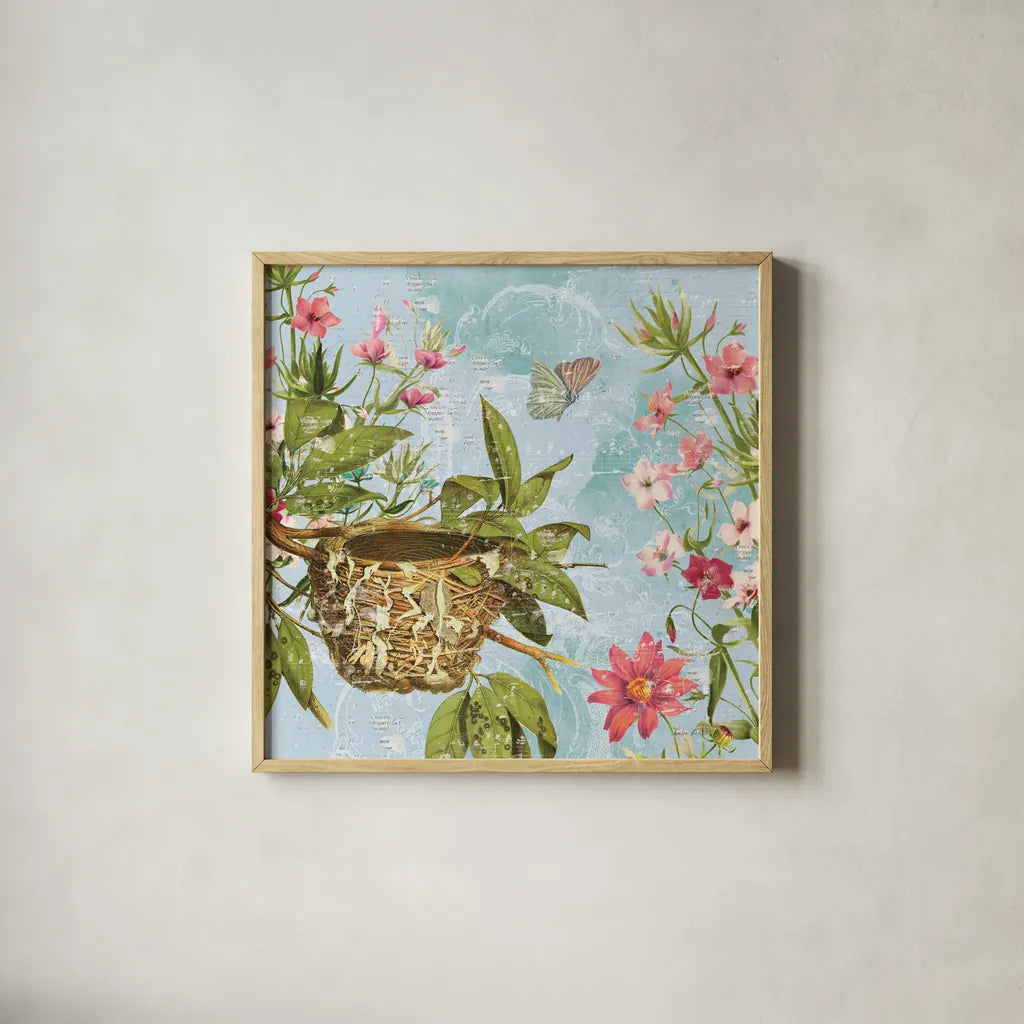 Bird Song III by Katie Pertiet. Shown in a natural wood glass frame for a timeless modern aesthetic. Available as an archival giclee rolled canvas, fine art paper, or poster print. SKU 102129a.