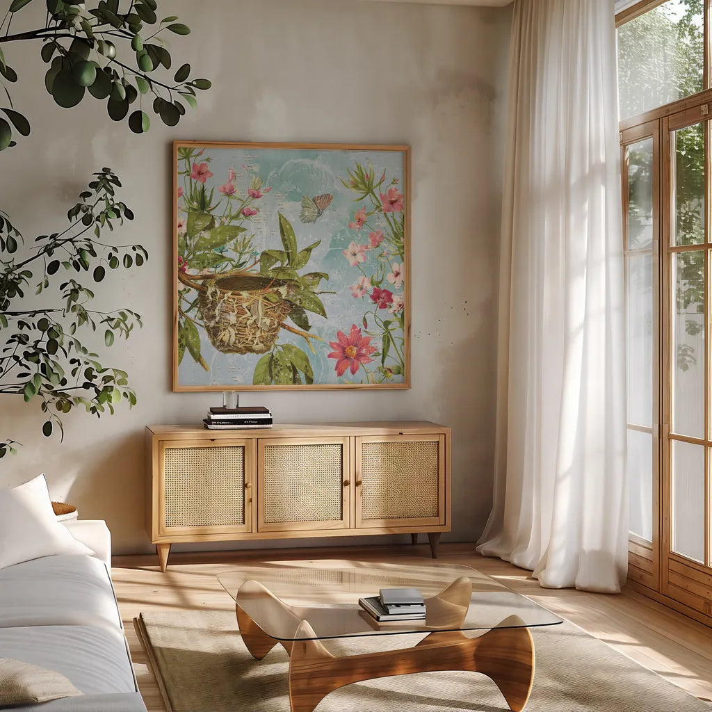 Bird Song III by Katie Pertiet. Shown in a natural wood frame in a cozy modern living room. Available as an archival giclee rolled canvas, fine art paper, or poster print. SKU 102129a.