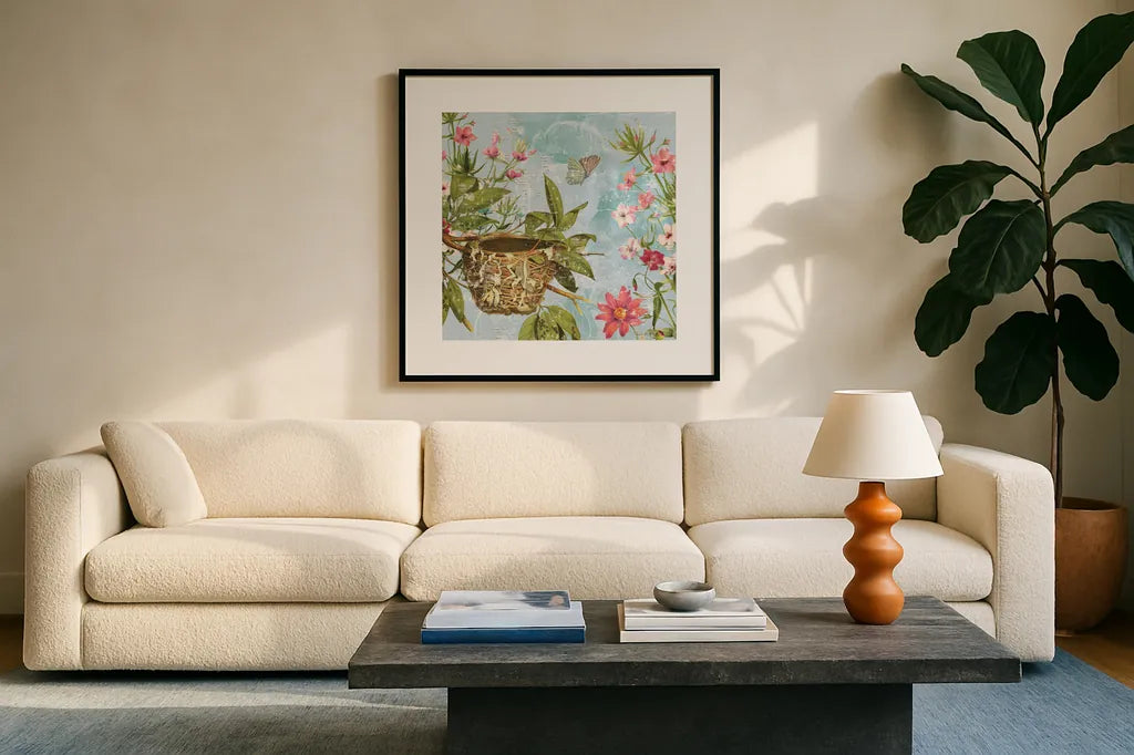 Bird Song III by Katie Pertiet. Displayed in a glass frame with matte in a clean modern living room. Available as an archival giclee rolled canvas, fine art paper, or poster print. SKU 102129a.
