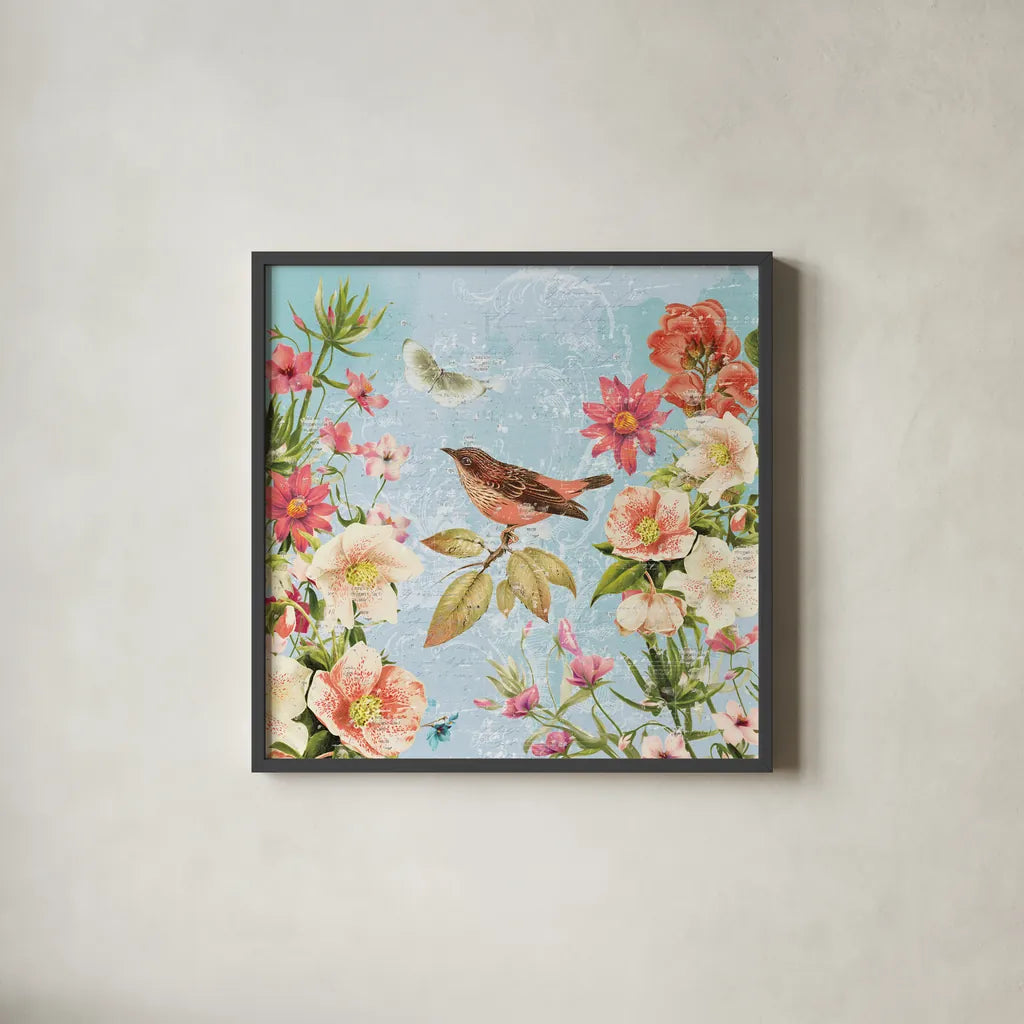 Bird Song IV by Katie Pertiet. Shown in a sleek black glass frame for a contemporary gallery look. Available as an archival giclee rolled canvas, fine art paper, or poster print. SKU 102130a.
