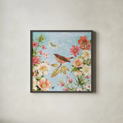 Bird Song IV by Katie Pertiet. Shown in a sleek black glass frame for a contemporary gallery look. Available as an archival giclee rolled canvas, fine art paper, or poster print. SKU 102130a.