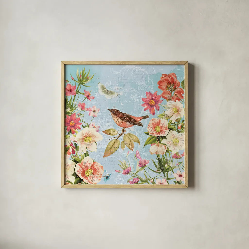 Bird Song IV by Katie Pertiet. Shown in a natural wood glass frame for a timeless modern aesthetic. Available as an archival giclee rolled canvas, fine art paper, or poster print. SKU 102130a.