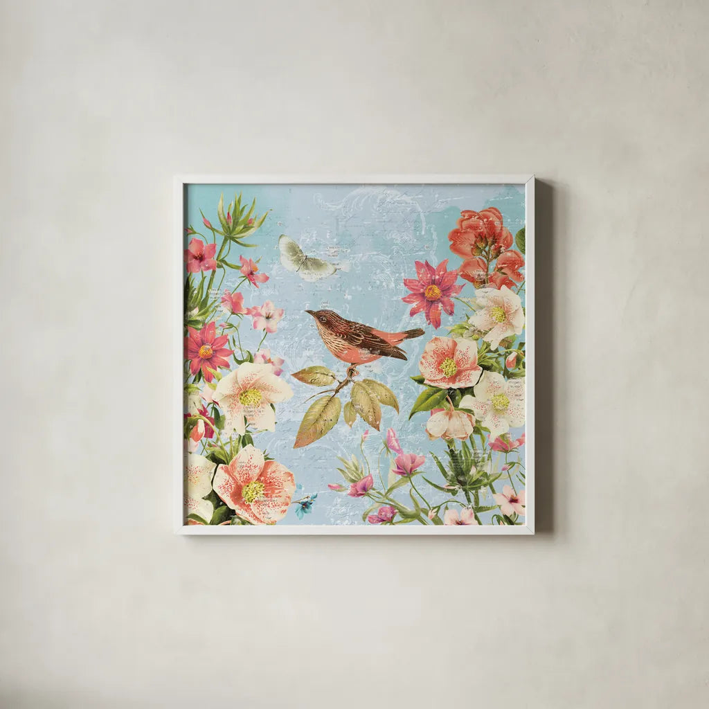 Bird Song IV by Katie Pertiet. Shown in a crisp white glass frame for a clean and minimalist style. Available as an archival giclee rolled canvas, fine art paper, or poster print. SKU 102130a.