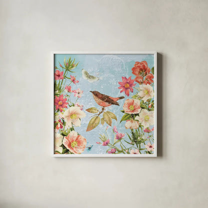 Bird Song IV by Katie Pertiet. Shown in a crisp white glass frame for a clean and minimalist style. Available as an archival giclee rolled canvas, fine art paper, or poster print. SKU 102130a.
