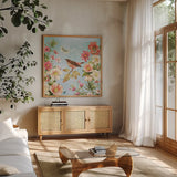 Bird Song IV by Katie Pertiet. Shown in a natural wood frame in a cozy modern living room. Available as an archival giclee rolled canvas, fine art paper, or poster print. SKU 102130a.