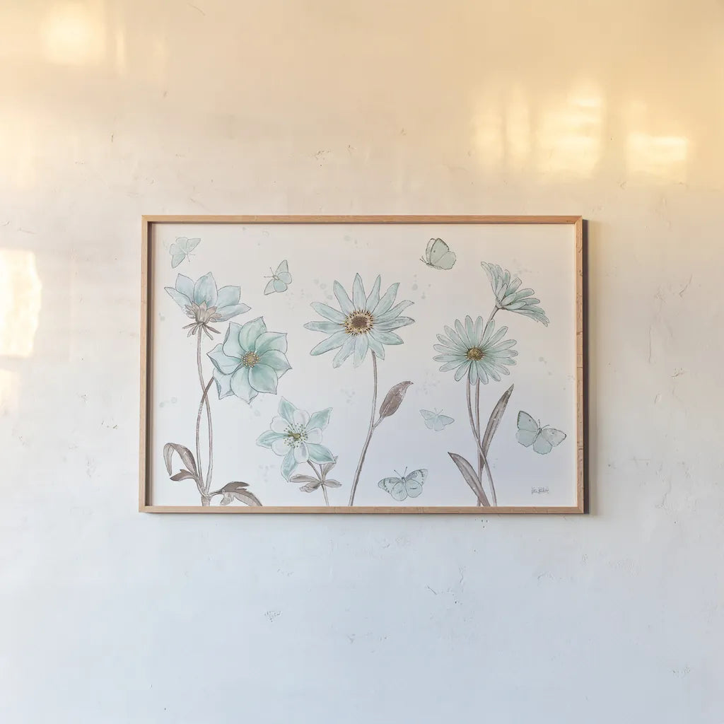 Bits of Blue I by Katie Pertiet. shown as a paper print in a natural frame. Available as a archival giclee rolled canvas, fine art paper, or poster print. SKU 31874i.