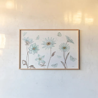 Bits of Blue I by Katie Pertiet. shown as a paper print in a natural frame. Available as a archival giclee rolled canvas, fine art paper, or poster print. SKU 31874i.