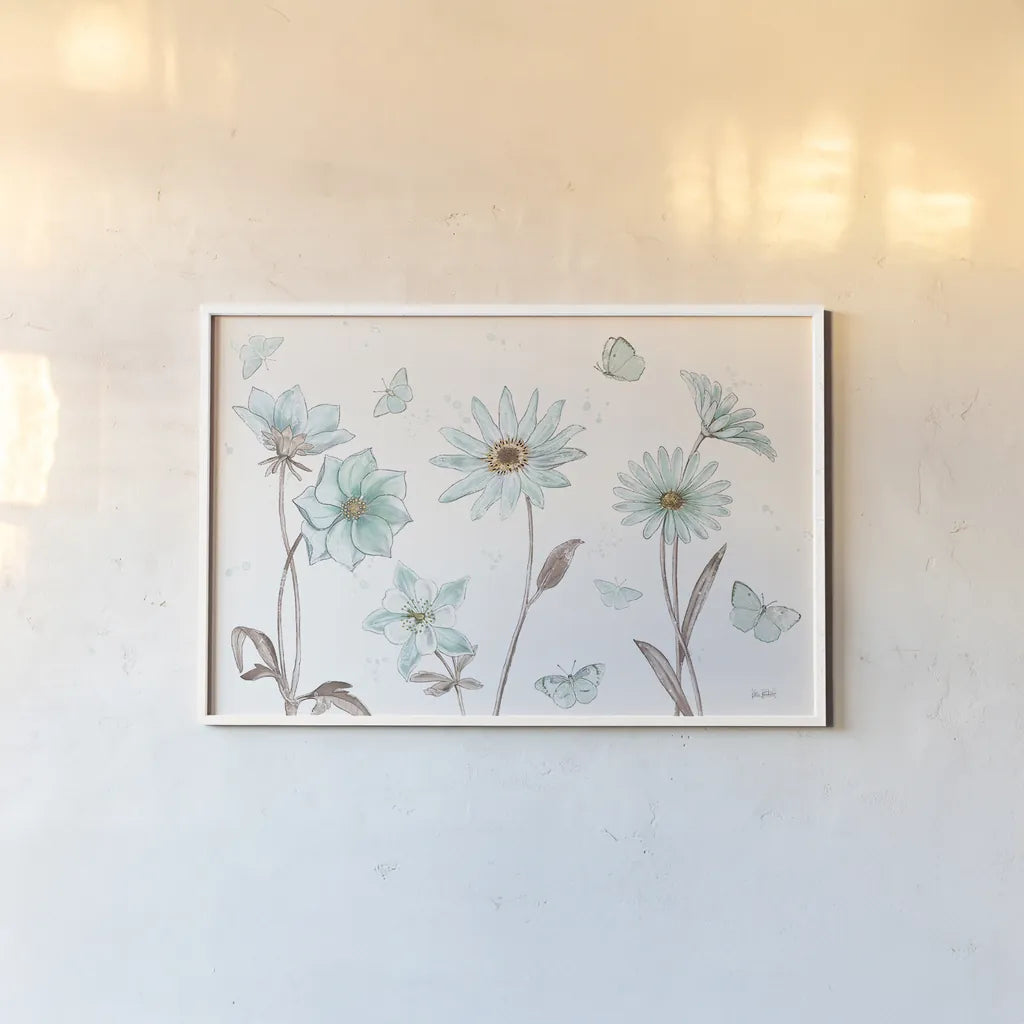 Bits of Blue I by Katie Pertiet. shown as a paper print in a white frame. Available as a archival giclee rolled canvas, fine art paper, or poster print. SKU 31874i.