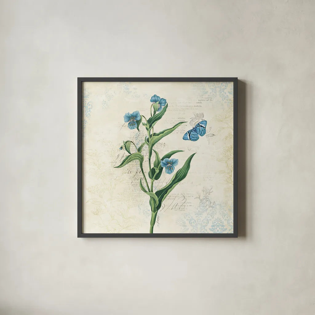 Booked Blue I by Katie Pertiet. Shown in a sleek black glass frame for a contemporary gallery look. Available as an archival giclee rolled canvas, fine art paper, or poster print. SKU 16818a.