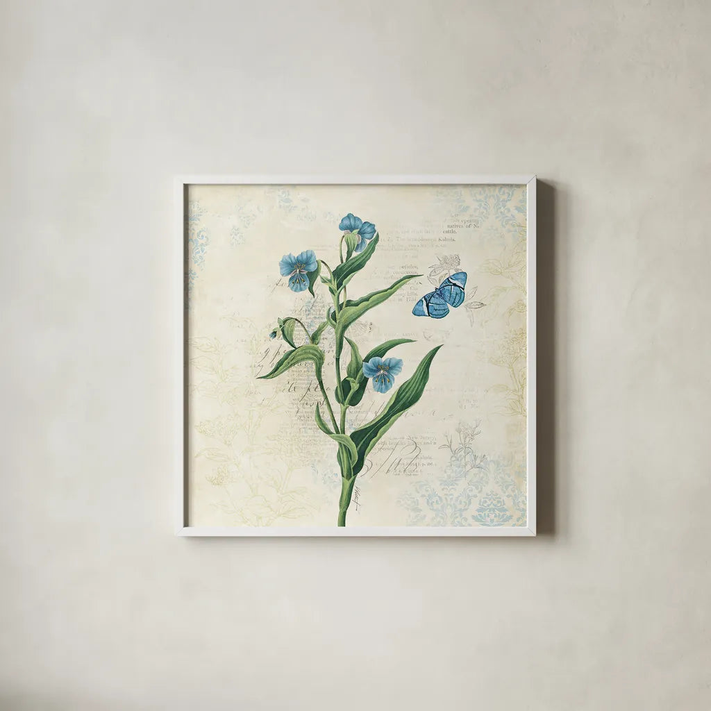 Booked Blue I by Katie Pertiet. Shown in a crisp white glass frame for a clean and minimalist style. Available as an archival giclee rolled canvas, fine art paper, or poster print. SKU 16818a.