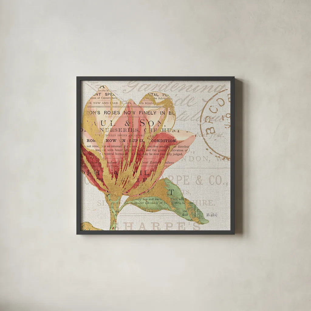 Bookshelf Botanical III by Katie Pertiet. Shown in a sleek black glass frame for a contemporary gallery look. Available as an archival giclee rolled canvas, fine art paper, or poster print. SKU 29054a.